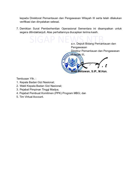 Surat Pemberhentian Operasional SPPG Provinsi Nusa Tenggara Barat (NTB) - Halaman 2 (BGN RI)